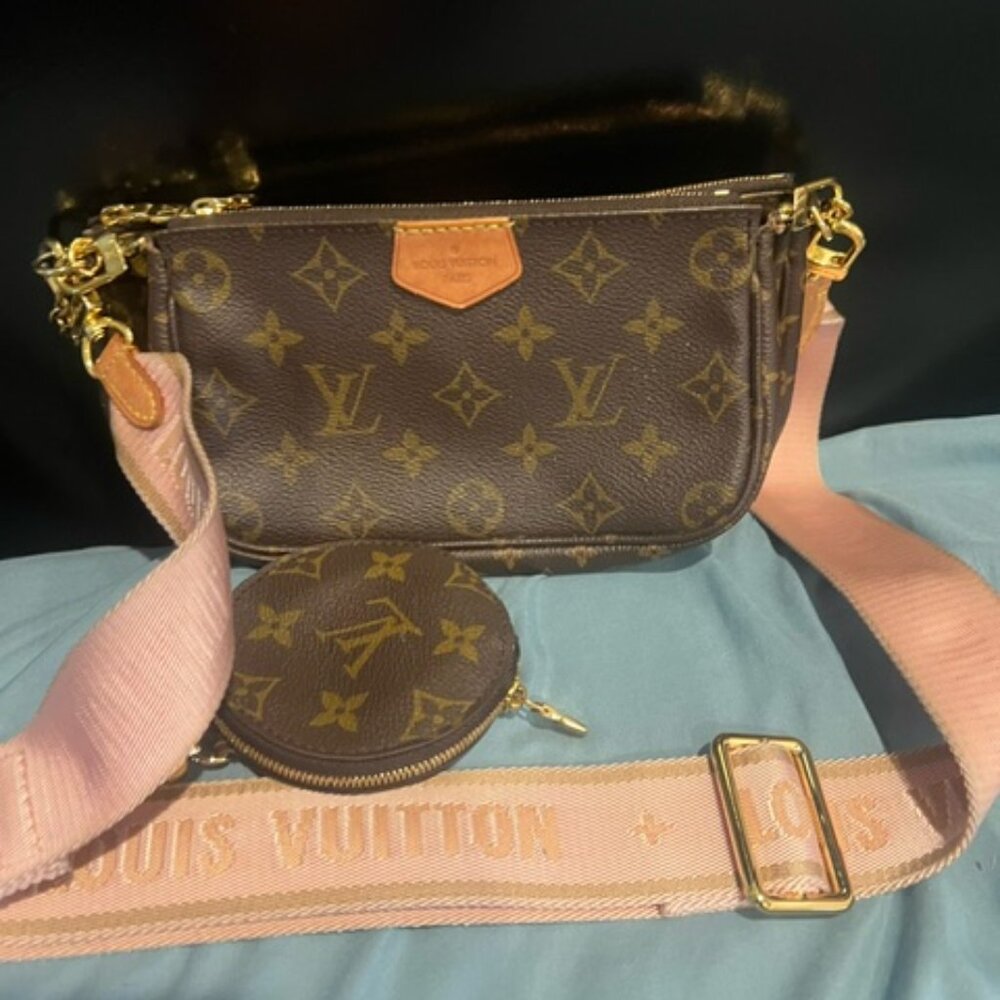 Louis Vuitton Multi Pochette Brown LV Print Rose Pink Green Strap Cross Body Bag